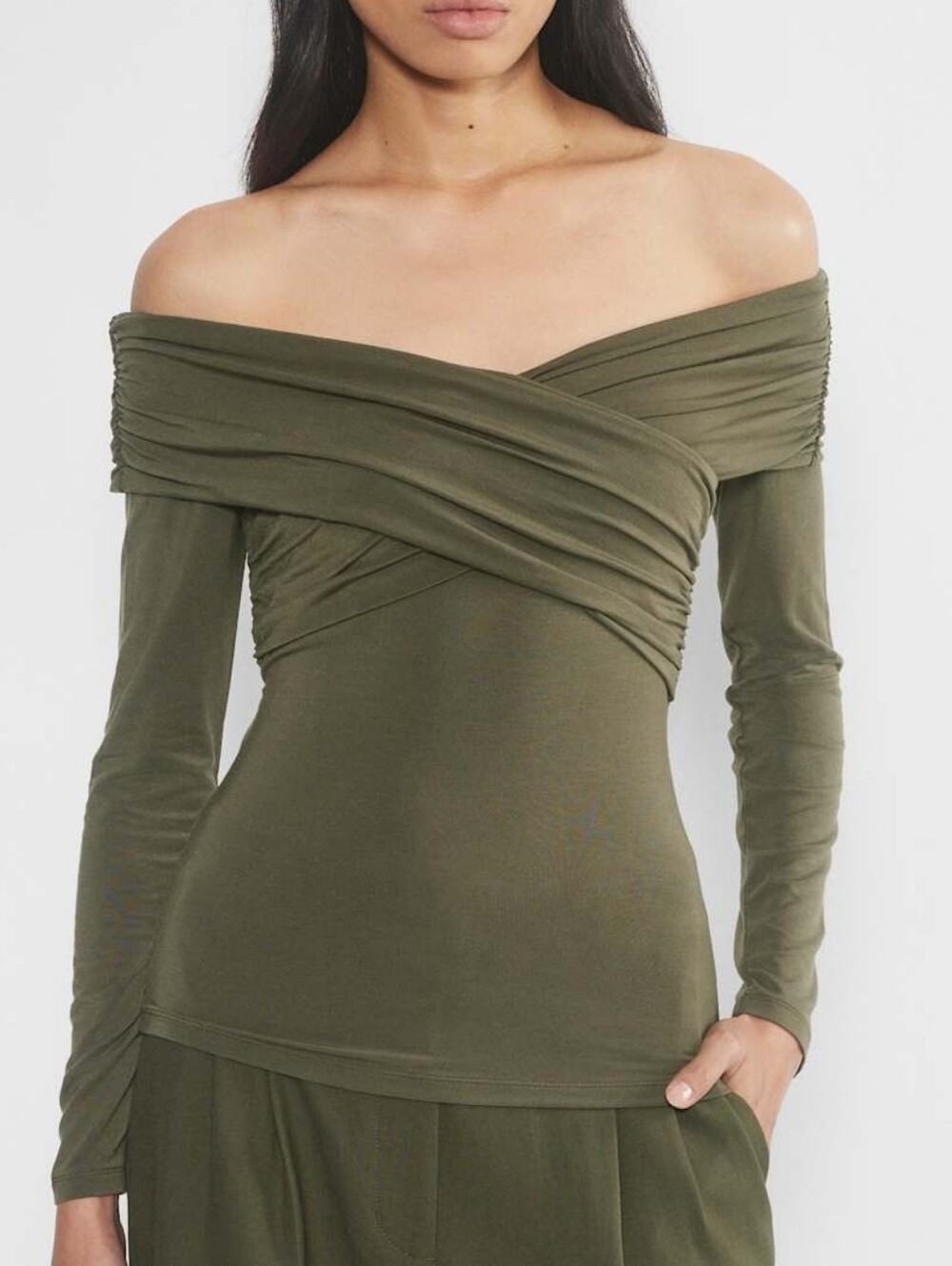 Aritzia Wilfred Olive Green Draped Criss-cross Off-Shoulder Long Sleeve Top